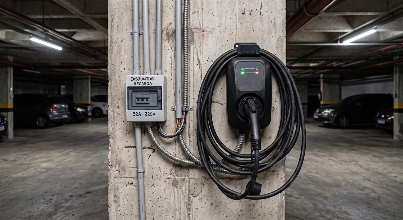 Carregador de parede instalado em pilar de garagem, com o cabo enrolado no suporte e, ao lado, um pequeno quadro rotulado disjuntor de recarga 32A 220V, com conduítes e fiação aparentes