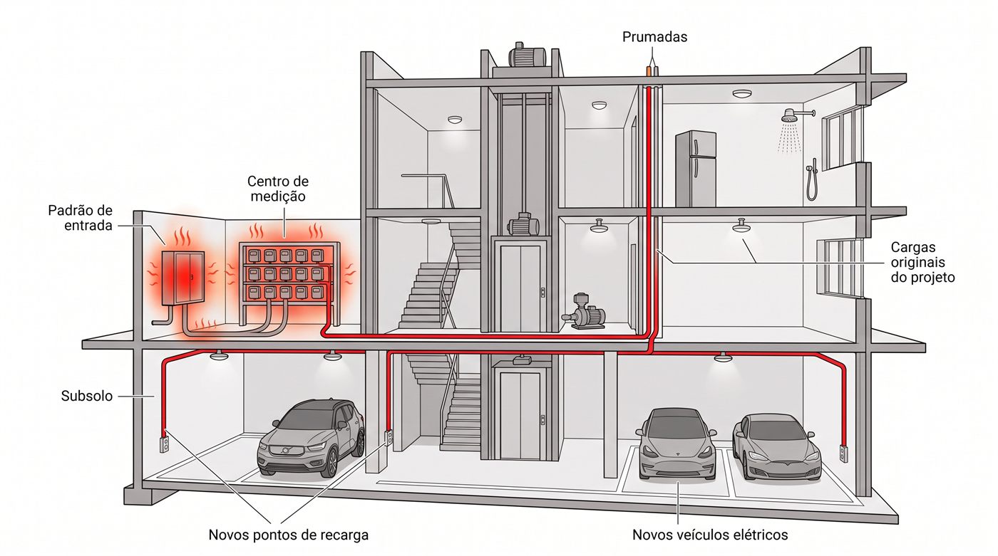 Corte de um edifício residencial: os pontos de recarga acrescentados na garagem se ligam ao mesmo caminho elétrico que já existia, e o aquecimento se concentra no centro de medição e no padrão de entrada, onde toda a corrente somada passa