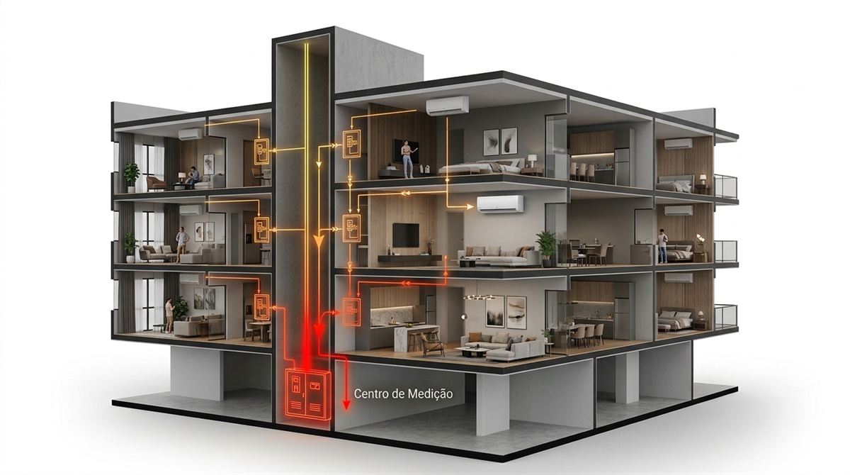 Corte de um edifício mostrando a prumada elétrica aquecendo em gradiente laranja e vermelho conforme desce dos apartamentos com ar-condicionado até o centro de medição, na base do prédio