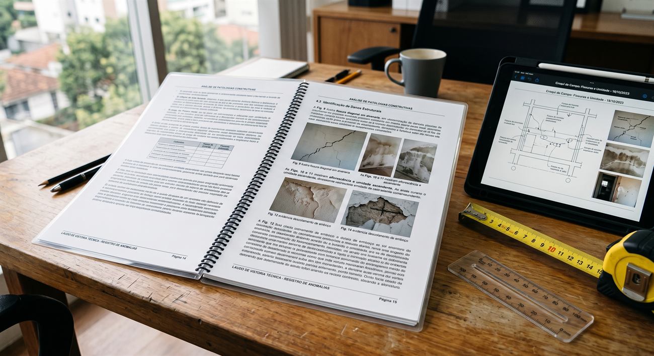 Laudo de vistoria técnica impresso e encadernado, aberto numa página de análise de patologias construtivas com registro fotográfico de trincas, ao lado de trena e instrumentos de medição