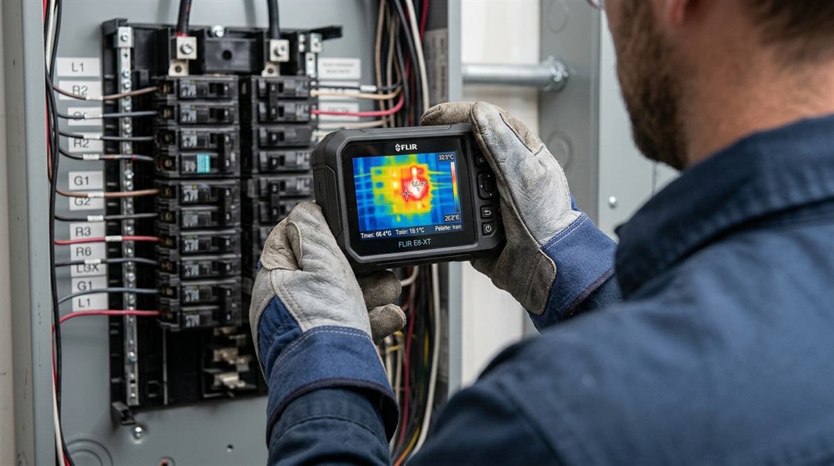 Medição com câmera termográfica em quadro de disjuntores, mostrando ponto de aquecimento na tela do equipamento