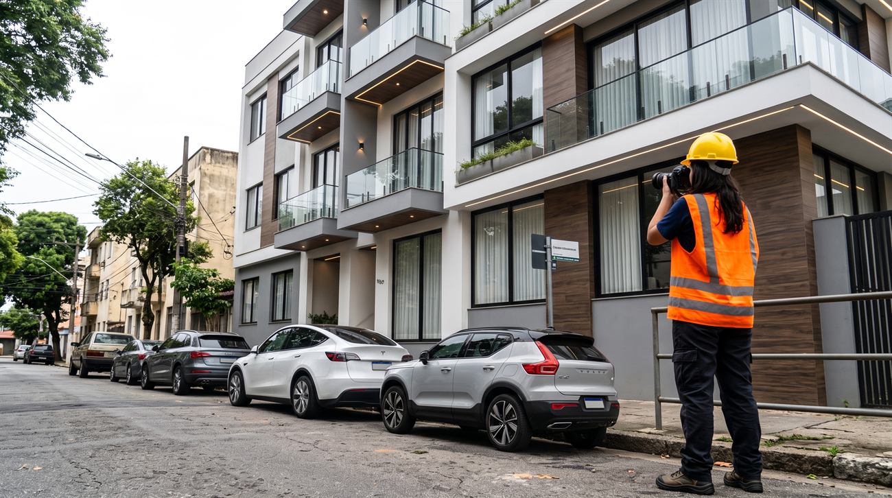 Profissional de colete refletivo e capacete fotografando a fachada de um edifício residencial durante vistoria em campo